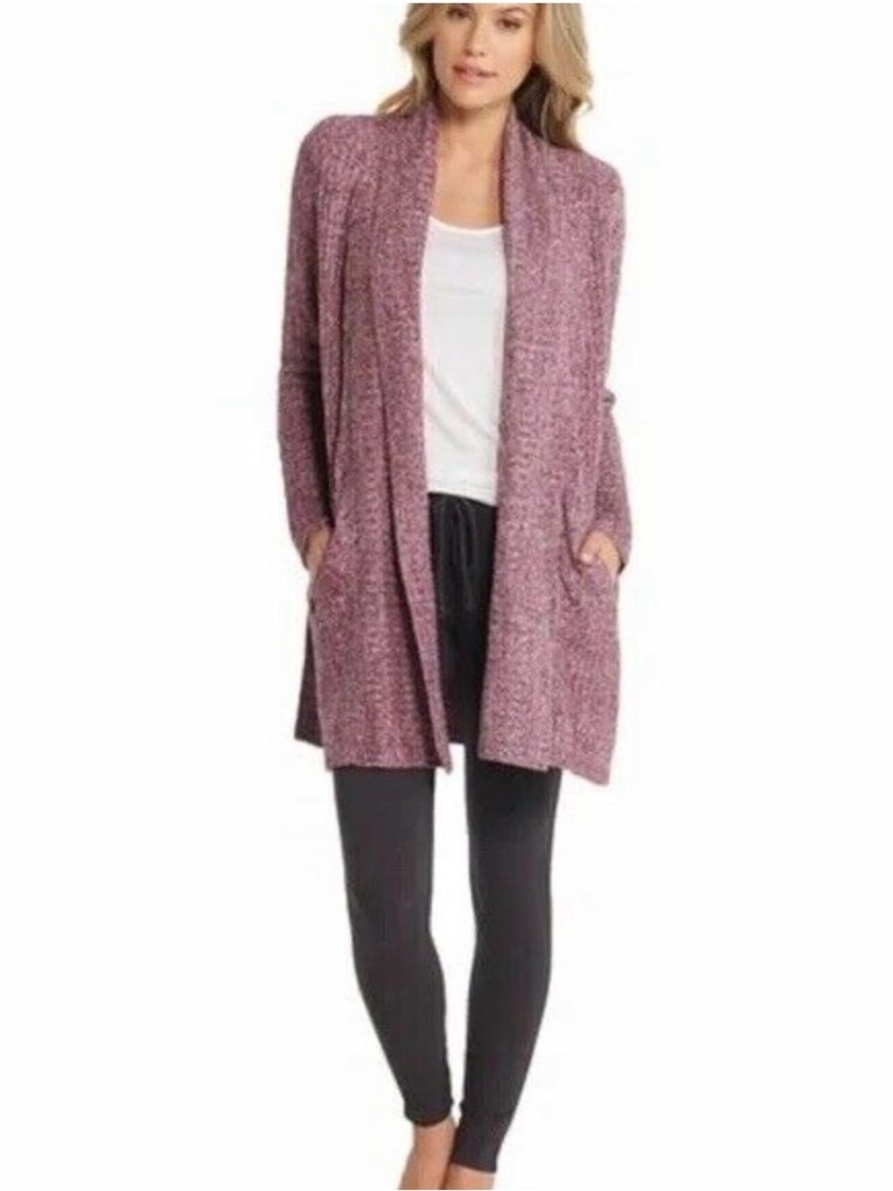 Barefoot Dreams Sz M Cozychic Lite Montecito Cardigan Heathered Burgundy NWT